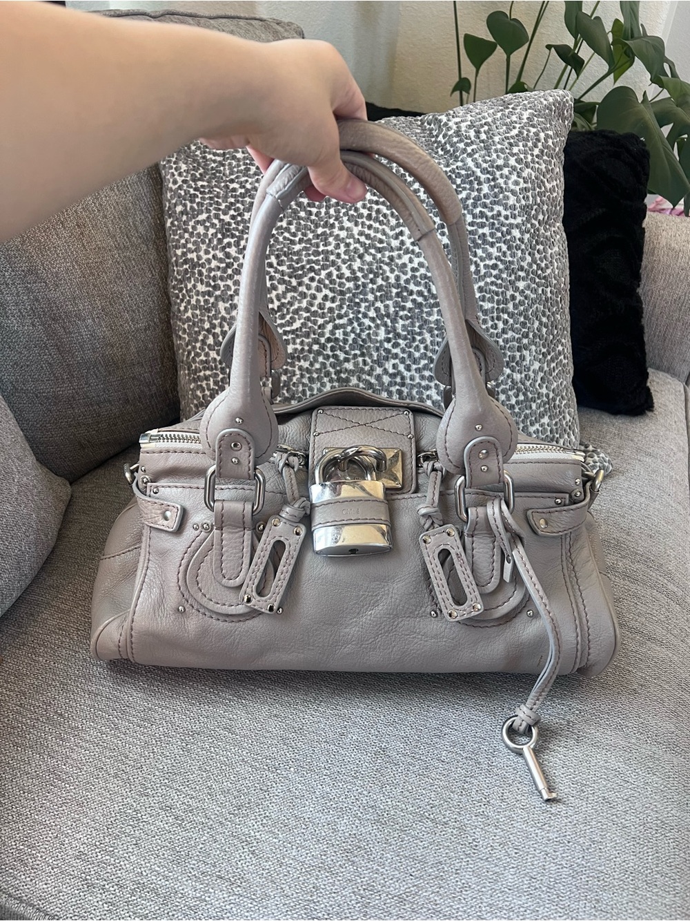 Chloe Paddington Grey Leather Handbag with Silver Accents